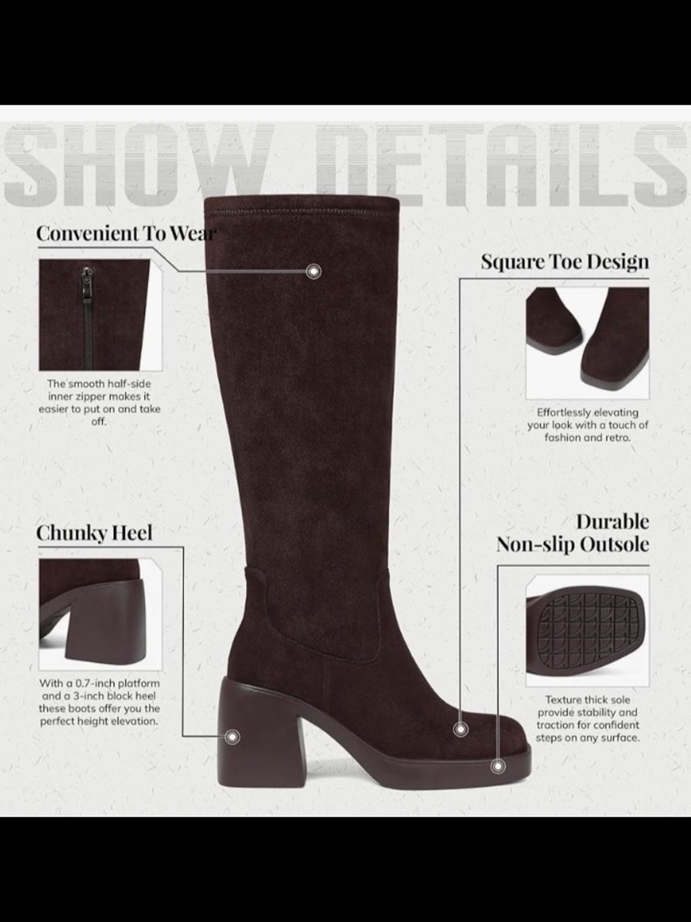 Women's Tall Suede Block Heel Boots - Dark Brown - Picture 3 of 3